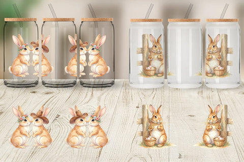 Glass Can Watercolor Western Cowboy Bunny Easter Sublimation artnoy 