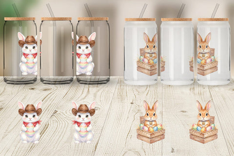 Glass Can Watercolor Western Cowboy Bunny Easter Sublimation artnoy 