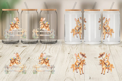 Glass Can Watercolor Western Cowboy Bunny Easter Sublimation artnoy 