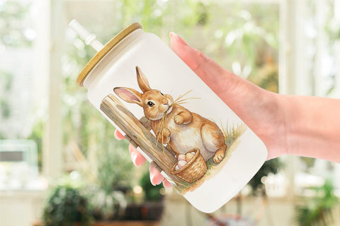 Glass Can Watercolor Western Cowboy Bunny Easter Sublimation artnoy 