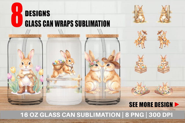 Glass Can Watercolor Western Cowboy Bunny Easter Sublimation artnoy 