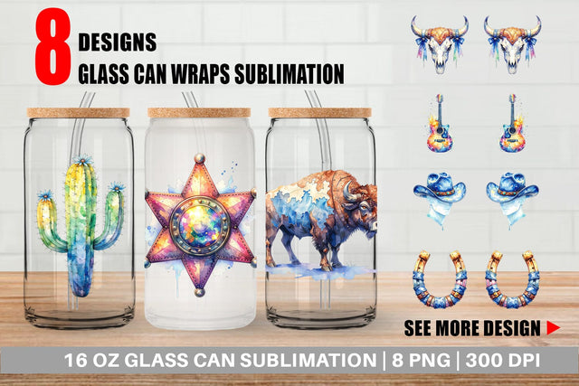 Glass Can Watercolor Western Cowgirl Sublimation artnoy 