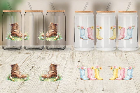 Glass Can Watercolor Western Easter Cowboy Boots Sublimation artnoy 