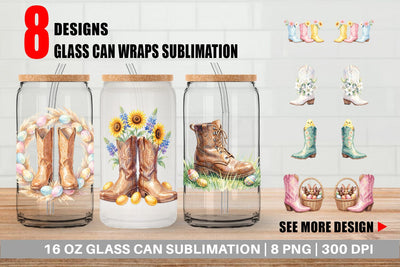 Glass Can Watercolor Western Easter Cowboy Boots Sublimation artnoy 