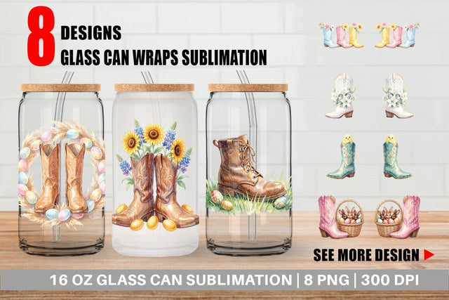 Glass Can Watercolor Western Easter Cowboy Boots Sublimation artnoy 