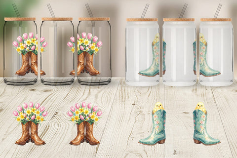 Glass Can Watercolor Western Easter Cowboy Boots Sublimation artnoy 