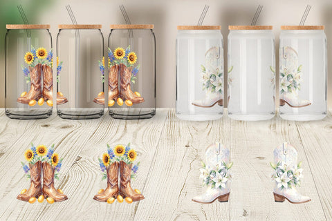 Glass Can Watercolor Western Easter Cowboy Boots Sublimation artnoy 