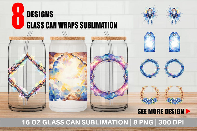 Glass Can Watercolor Western Frame Sublimation artnoy 