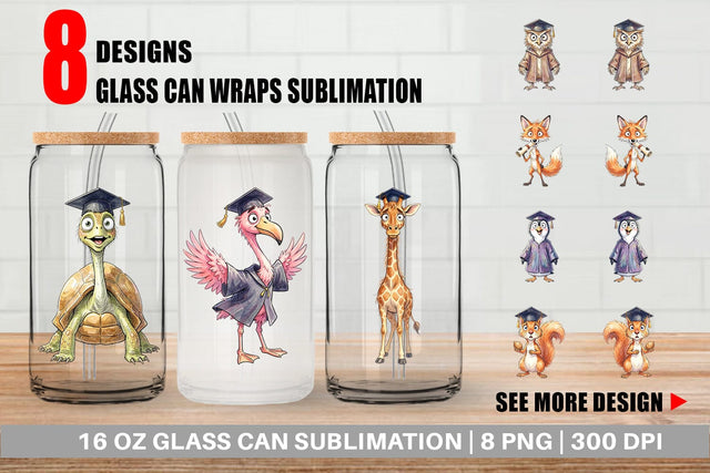 Glass Can Watercolor Whimsical Animal Graduates Sublimation artnoy 