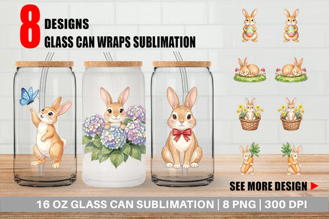Glass Can Watercolor Whimsical Spring Bunny Art Sublimation artnoy 
