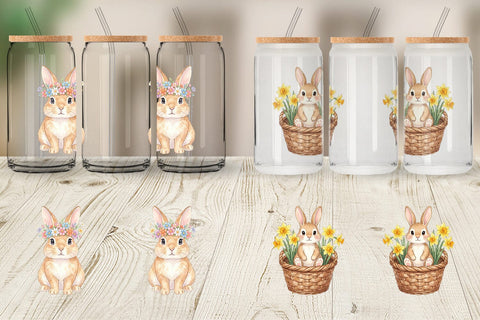 Glass Can Watercolor Whimsical Spring Bunny Art Sublimation artnoy 