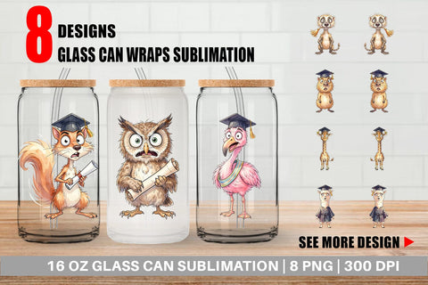 Glass Can Watercolor Wild Animal Graduation Party Sublimation artnoy 