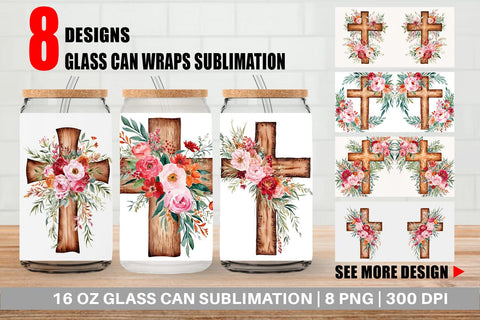 Glass Can Watercolor Wooden Cross Sublimation artnoy 