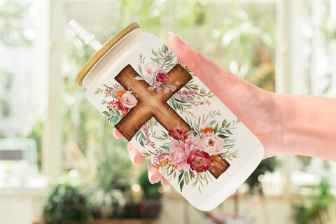 Glass Can Watercolor Wooden Cross Sublimation artnoy 