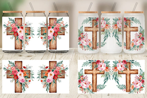 Glass Can Watercolor Wooden Cross Sublimation artnoy 