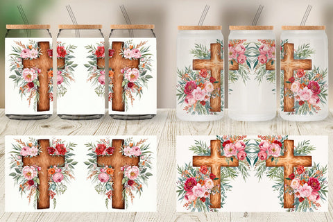 Glass Can Watercolor Wooden Cross Sublimation artnoy 