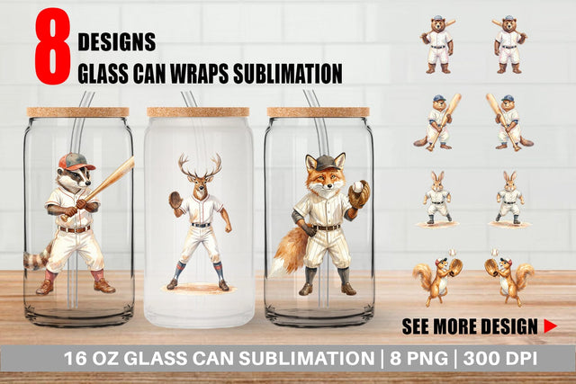 Glass Can Watercolor Woodland Animal Baseball Sublimation artnoy 