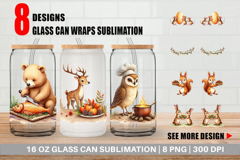 Glass Can Watercolor Woodland Friendsgiving Sublimation artnoy 