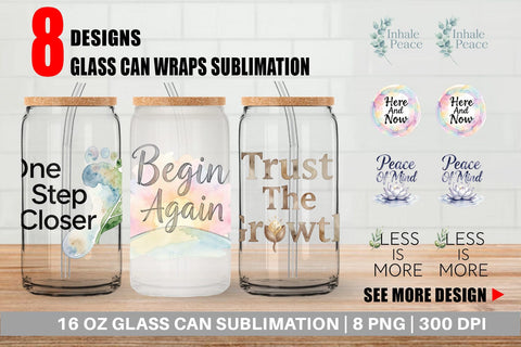 Glass Can Watercolor Zen Botanical Minimal Quote Sublimation artnoy 