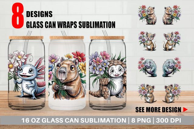 Glass Can Whimsical Animal Bouquet Sublimation artnoy 