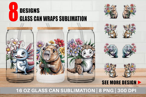 Glass Can Whimsical Animal Bouquet Sublimation artnoy 