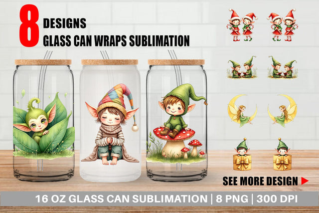 Glass Can Whimsical Christmas Elves Sublimation artnoy 