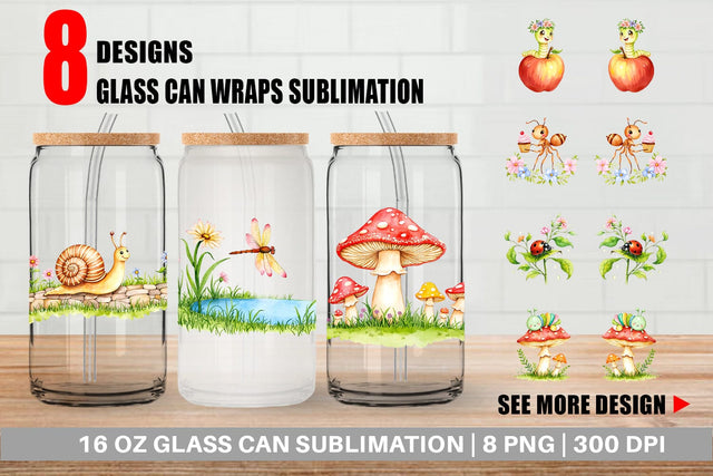 Glass Can Whimsical Garden Creatures Sublimation artnoy 