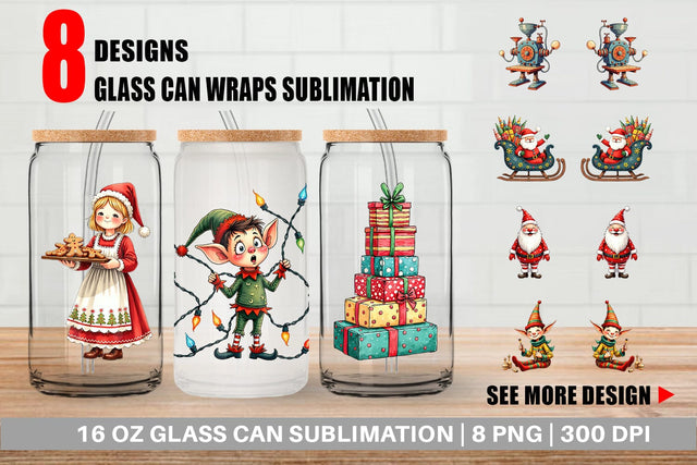 Glass Can Whimsical Santa Workshop Sublimation artnoy 