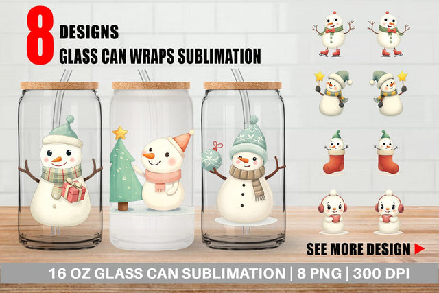 Glass Can Whimsical Snowman Christmas Sublimation artnoy 