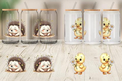Glass Can Whimsical Spring Critters Sketch & Watercolor Sublimation artnoy 