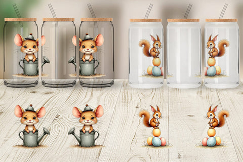 Glass Can Whimsical Spring Critters Sketch & Watercolor Sublimation artnoy 