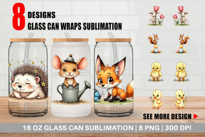 Glass Can Whimsical Spring Critters Sketch & Watercolor Sublimation artnoy 