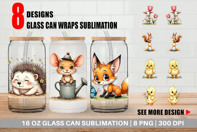 Glass Can Whimsical Spring Critters Sketch & Watercolor Sublimation artnoy 