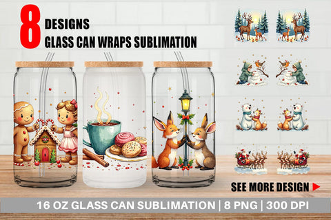 Glass Can Whimsical Watercolor Christmas Sublimation artnoy 