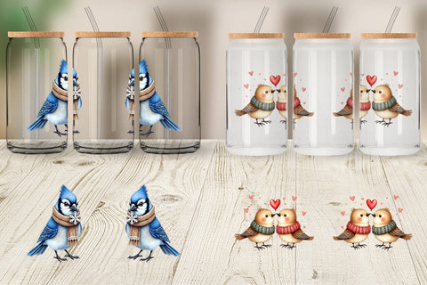 Glass Can Whimsical Winter Birds Watercolor Sublimation artnoy 