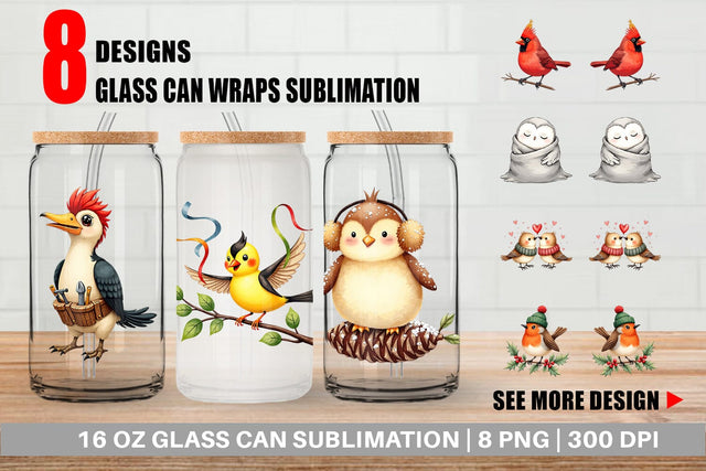 Glass Can Whimsical Winter Birds Watercolor Sublimation artnoy 