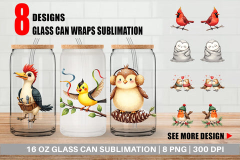Glass Can Whimsical Winter Birds Watercolor Sublimation artnoy 