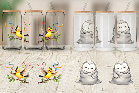 Glass Can Whimsical Winter Birds Watercolor Sublimation artnoy 
