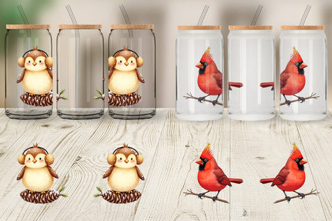 Glass Can Whimsical Winter Birds Watercolor Sublimation artnoy 
