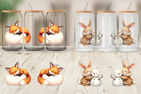 Glass Can Whimsical Winter Forest Friends Watercolor Sublimation artnoy 