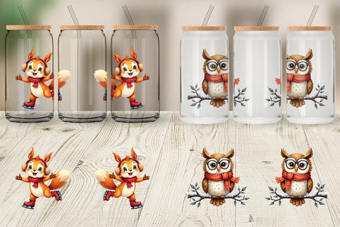 Glass Can Whimsical Winter Forest Friends Watercolor Sublimation artnoy 