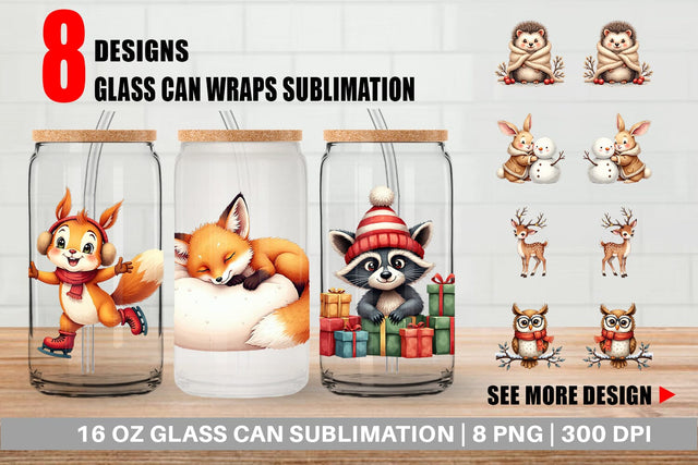 Glass Can Whimsical Winter Forest Friends Watercolor Sublimation artnoy 