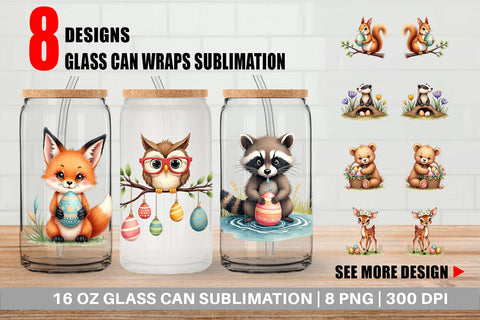 Glass Can Whimsical Woodland Friends Easter Watercolor Sublimation artnoy 