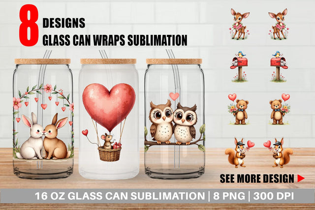 Glass Can Whimsical Woodland Valentine Watercolor Storybook Sublimation artnoy 
