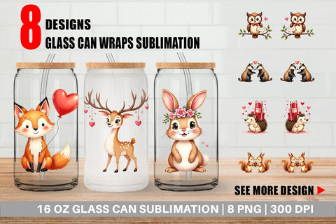 Glass Can Whimsical Woodland Valentine Watercolor Sublimation artnoy 
