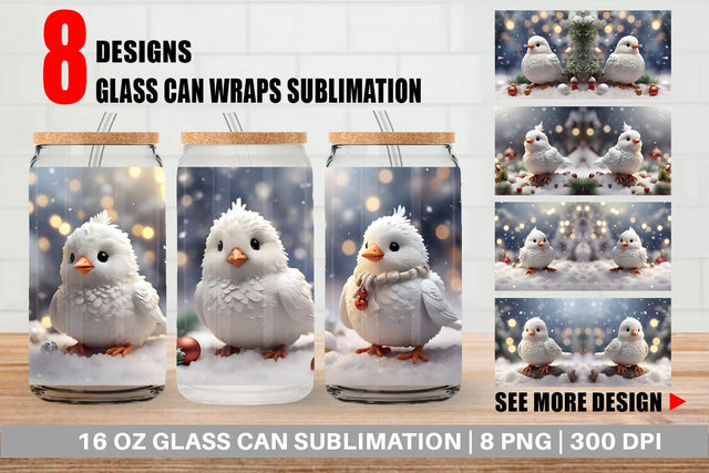Glass Can White Bird Christmas Sublimation artnoy 