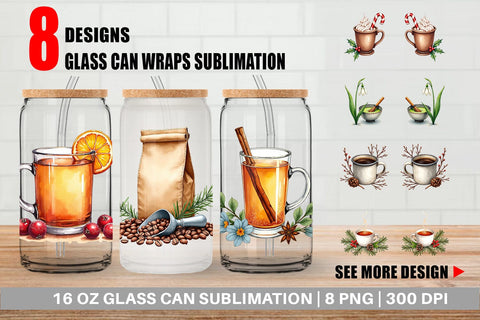 Glass Can Winter Botanicals & Warm Brews Sublimation artnoy 