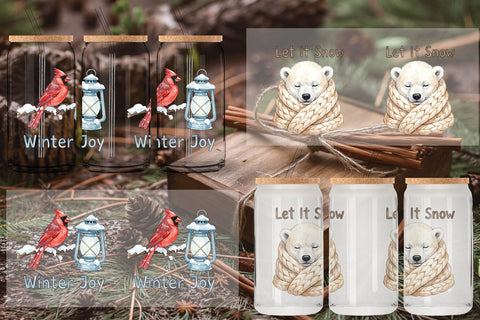 Glass Can Winter Cabin Woodland Friends Watercolor Sublimation artnoy 