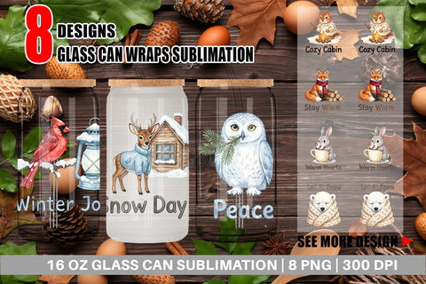Glass Can Winter Cabin Woodland Friends Watercolor Sublimation artnoy 