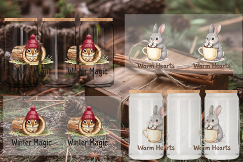 Glass Can Winter Cabin Woodland Friends Watercolor Sublimation artnoy 